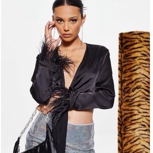 Missguided Black Satin Feather Cuff Tie Front Blouse